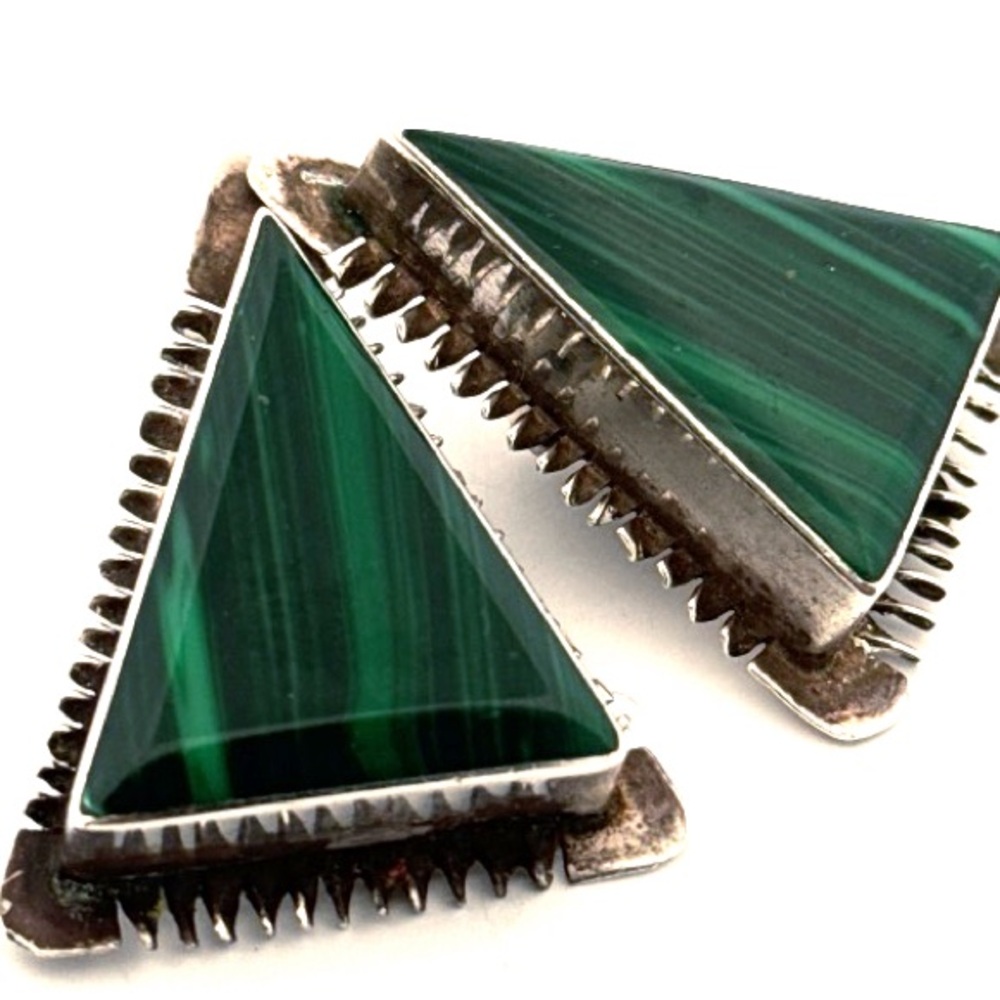 Vintage TAXCO Earrings MALACHITE Gemstones Sterling Mexico Clip 24G - Picture 13 of 16